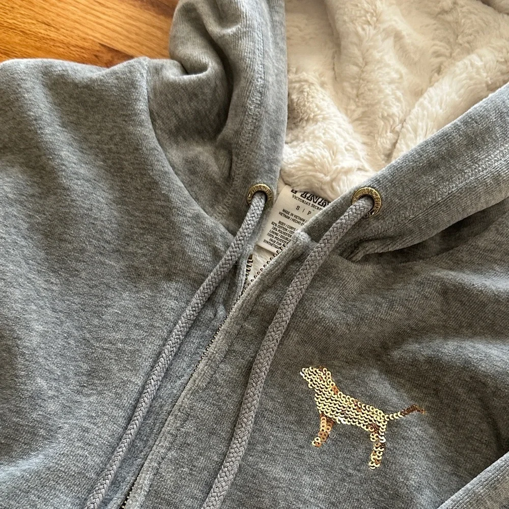 Iconic PINK Gray Zip-Up Hoodie with Gold Dog Logo